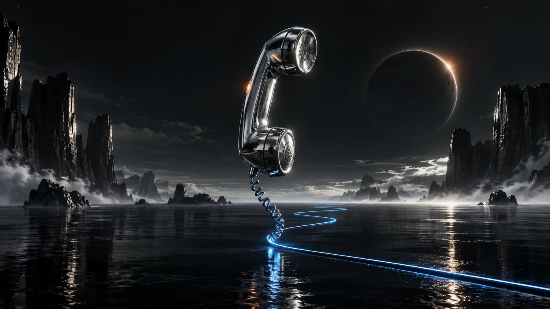Grande cornetta telefonica cromata sospesa sul mare, con un cavo blu luminoso che si posa sull'acqua sotto un'eclissi