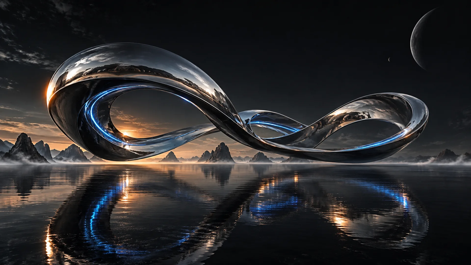 Nastro di cromo liquido attraversato da una luce blu che scorre sul mare scuro tra isole di roccia al tramonto
