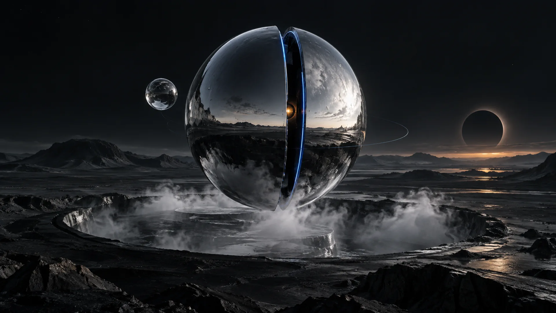 Sfera di cromo divisa da una fessura blu sopra un cratere avvolto nella nebbia, con una piccola sfera di vetro e un'eclissi